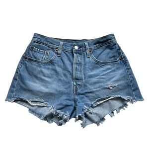 Levi’s 501 Button fly Raw Distressed Hem Medium Wash Denim Jean Shorts Size 28